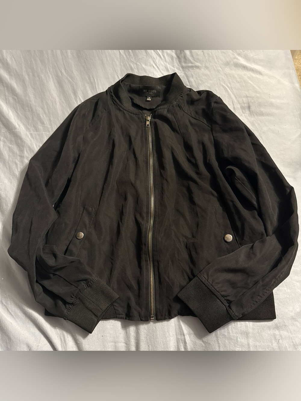 BE COOL Men's Black Bomber Jacket with Snap Pockets
